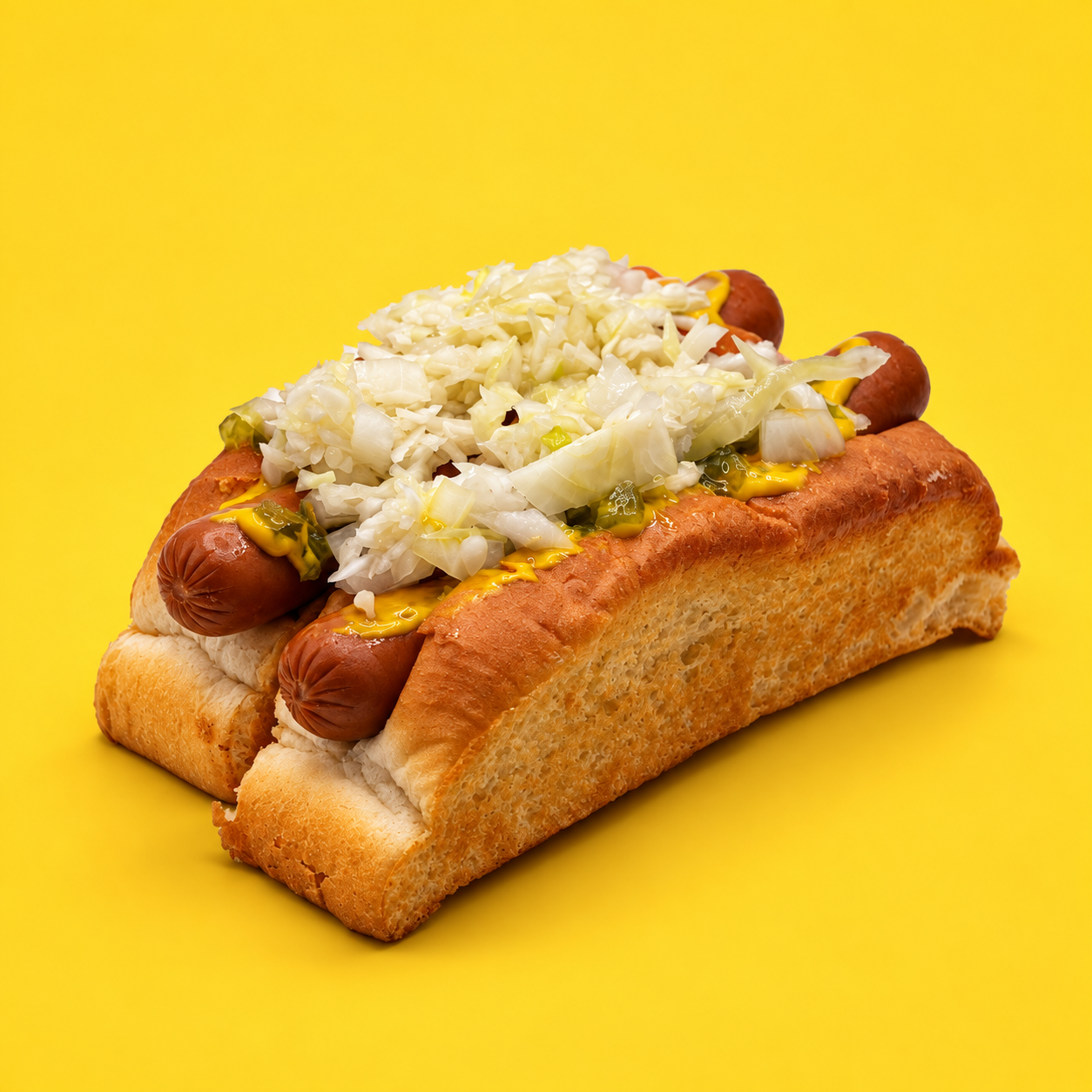 Deux hot-dogs rôtis garnis de chou, relish et moutarde de la Cantine Ti-Wick